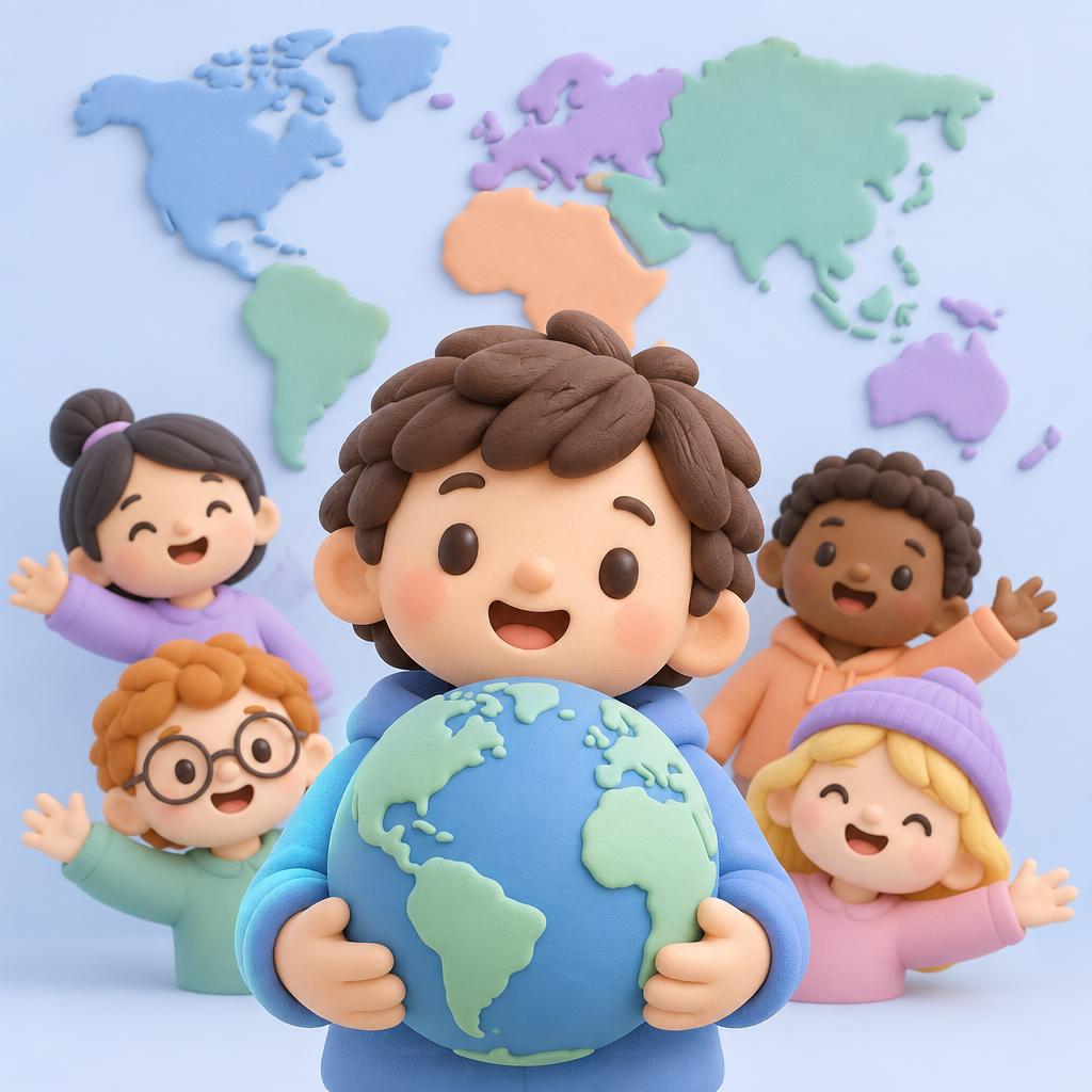 Clay-style illustration of children around a world map holding a globe